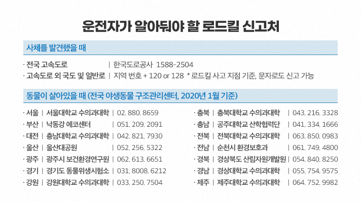 운전자가 알아둬야 할 로드킬 신고처는 시체를 발견했을 때 전국 고속도로에서는 한국도로공사 1588-2504, 고속도록 외 국도 및 일반로에서는 지역번호 + 120 혹은 128로 로드킬 사고 지점 기준으로 문자로도 신고 가능하며 동물이 살아 있을때는 전국 야생동물 구조관리센터로 신고한다 2020년 1월 기준으로 서울은 서울대학교 수의과대학 02-880-8659, 부산은 낙동강 에코센터 051-209-2091, 대전은 충남대학교 수의과대학 042-821-7930, 울산은 울산대공원 052-256-5322, 광주는 광주시 보건환경연구원 062-613-6651, 경기는 경기도 동물위생시험소 031-8008-6212, 강원은 강원대학교 수의과대학 033-250-7504, 충북은 충북대학교 수의과대학 043-216-3328, 충남은 공주대학교 산학협력단 041-334-1666,  전북은 전북대학교 수의과대학 063-850-0983, 전남은 전북대학교 수의과대학 063-850-0983, 전남은 순천시 환경보호과 061-749-4800, 경북은 경상북도 산림자원개발원 054-840-8250, 경남은 경상대학교 수의과대학 055-754-9575, 제주는 제주대학교 수의과대학 064-752-9982로 신고하면 된다