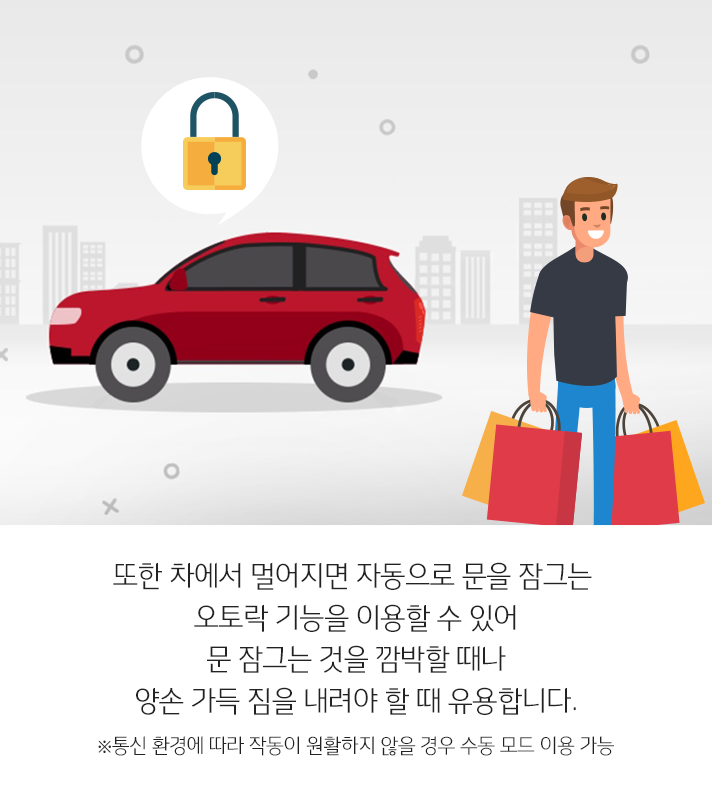 또한 차에서 멀어지면 자동으로 문을 잠그는 오토락 기능을 이용할 수 있어 문 잠그는 것을 깜박할 때나 양손 가득 짐을 내려야 할 때 유용합니다. (통신 환경에 따라 작동이 원활하지 않을 경우 수동 모드 이용 가능)