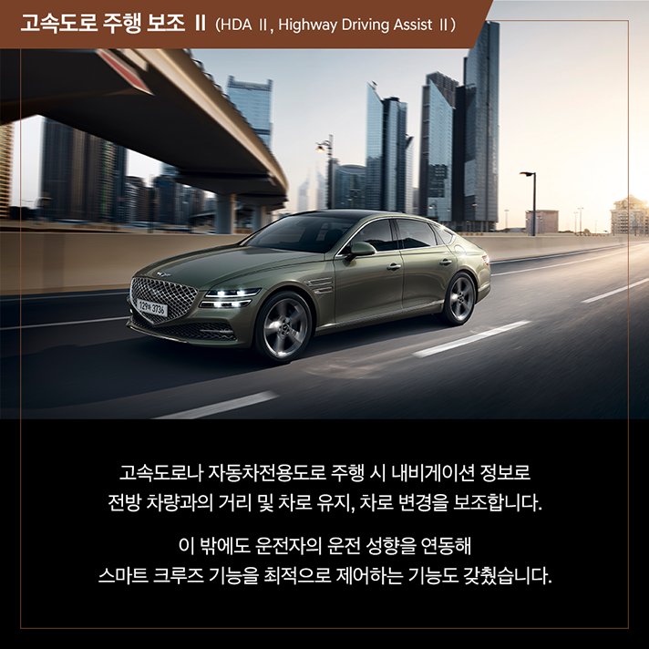 상단 제네시스 The All-New G80이 도심을 주행하는 사진과 하단 문구 - 고속도로 주행 보조 II (HDA II, Highway Driving Assist II). 고속도로나 자동차전용도로 주행 시 내비게이션 정보로 전방 차량과의 거리 및 차로 유지, 차로 변경을 보조합니다. 이 밖에도 운전자의 운전 성향을 연동해 스마트 크루즈 기능을 최적으로 제어하는 기능도 갖췄습니다.