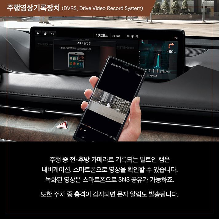 상단 차량 실내에서 스마트폰을 통해 주행영상을 확인하는 사진과 하단 문구 - 주행영상기록장치 (DVRS, Drive Video Record System). 주행 중 전·후방 카메라로 기록되는 빌트인 캠은 내비게이션, 스마트폰으로 영상을 확인할 수 있습니다. 녹화된 영상은 스마트폰으로 SNS 공유가 가능하죠. 또한 주차 중 충격이 감지되면 문자 알림도 발송됩니다.