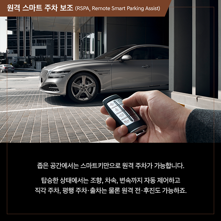 상단 스마트키를 활용해 원격 스마트 주차를 이용하는 장면과 하단 문구 - 원격 스마트 주차 보조 (RSPA, Remote Smart Parking Assist). 좁은 공간에서는 스마트키만으로 원격 주차가 가능합니다. 탑승한 상태에서는 조향, 차속, 변속까지 자동 제어하고 직각 주차, 평행 주차·출차는 물론 원격 전·후진도 가능하죠.