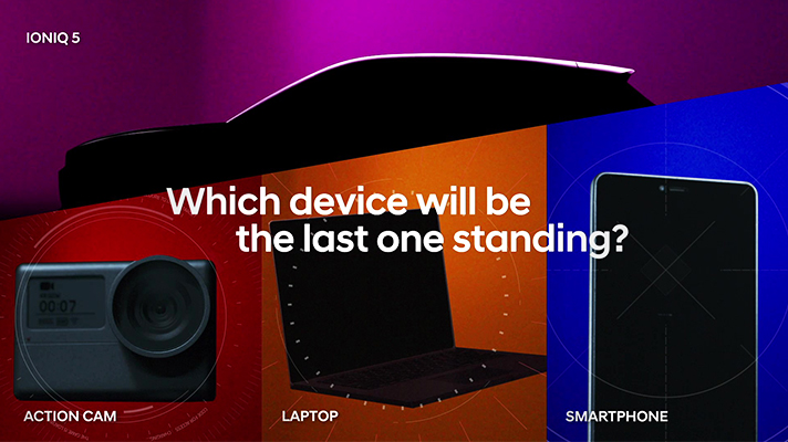 아이오닉 5, 액션캠, 랩톱, 스마트폰의 실루엣 Which device will be the last one standing ACTION CAM LAPTOP SMARTPHONE