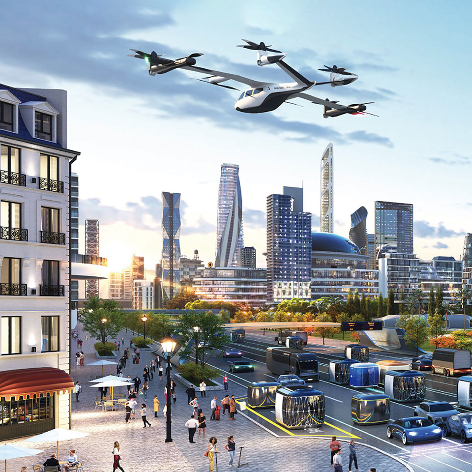 미래 도시 속 하늘을 날고 있는 UAM의 모습