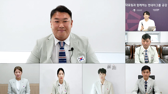 화상 인터뷰 중인 양궁 국가대표 선수들과 오진혁 선수