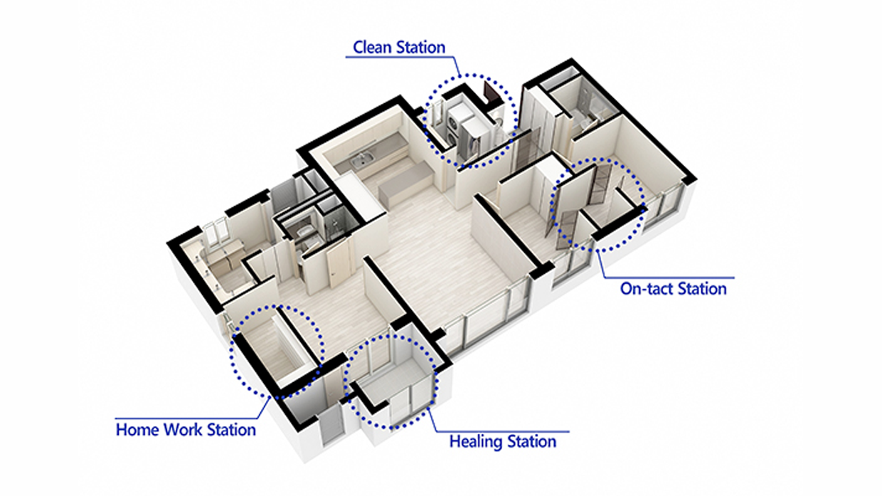 집 평면도. Clean Station, Home Work Station, Healing Station, Ontact Station