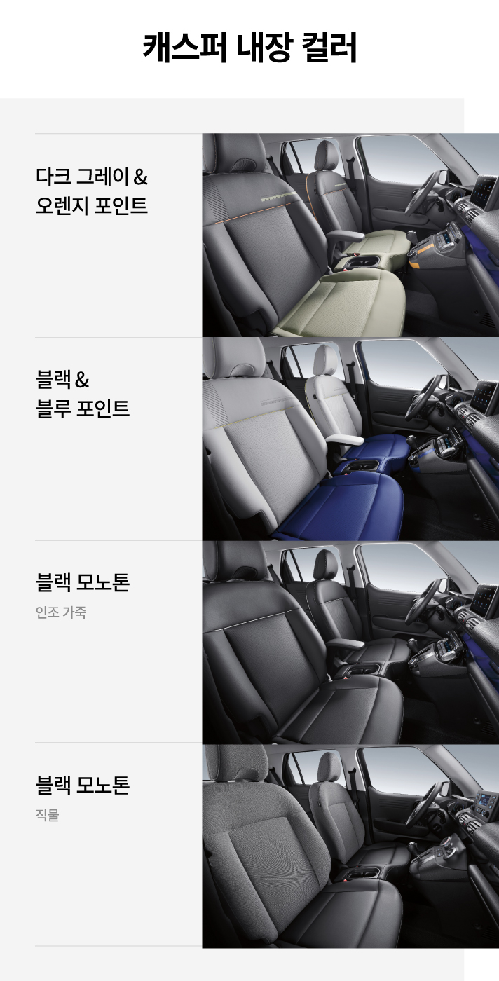 캐스퍼 내장 컬러입니다. 다크 그레이와 오렌지 포인트, 블랙과 블루 포인트, 인조 가죽의 블랙 모노톤, 직물의 블랙 모노톤