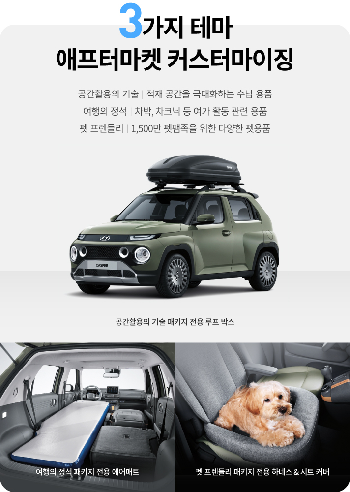 3가지 커스터마이징 애프터마켓, 공간활용의 기술인 적재 공간을 극대화하는 수납용품으로 공간활용의 기술 패키지 전용 루프 박스, 여행의 정석인 차박, 차크닉 등 여가 활동 관련 용품으로 여행의 정석 패키지 전용 에어매트, 마지막으로, 펫 프렌들리인 천오백만 펫팸족을 위한 다양한 펫용품으로 펫 프렌들리 패키지 전용 하네스와 시트 커버가 있습니다.