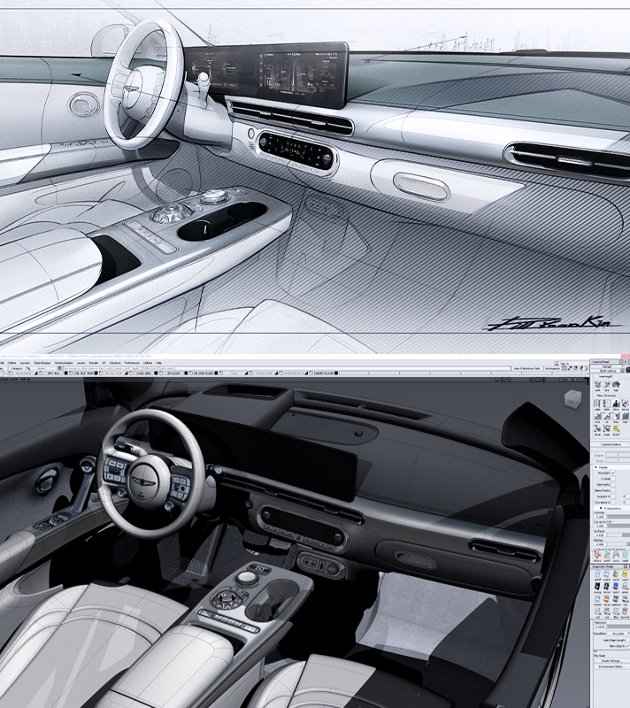 제네시스 GV60 실내 스케치 디자인과 디지털 데이터
