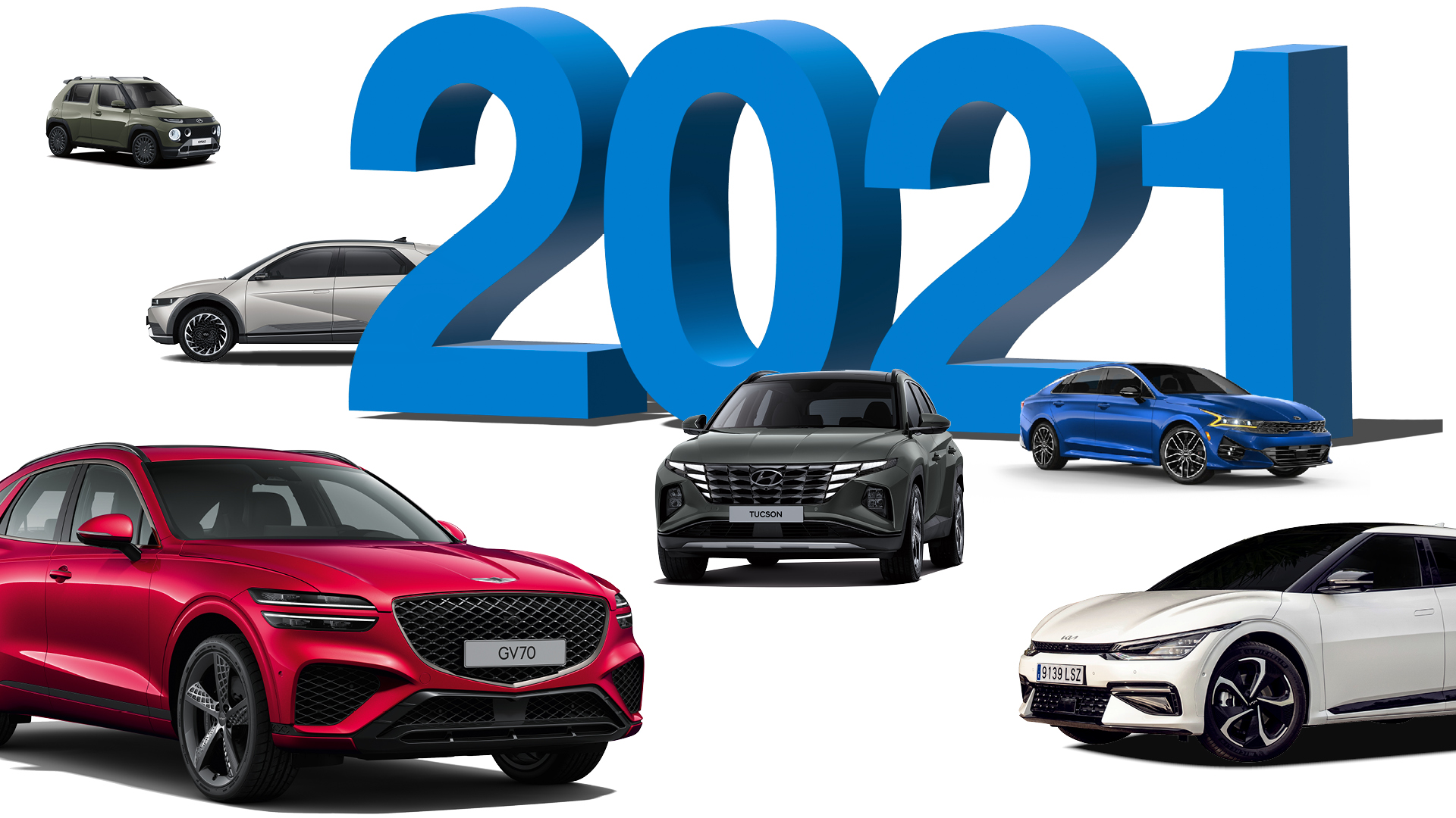 2021 숫자와 현대차그룹 자동차 모델 캐스퍼, 아이오닉 5, 투싼, K5, EV6, GV70