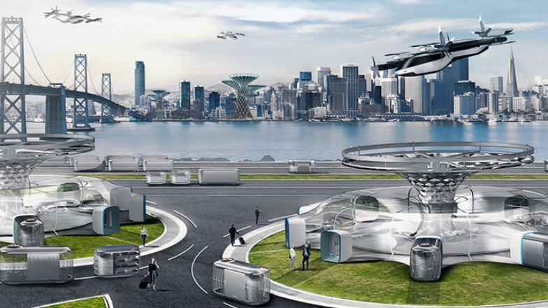 미래의 모빌리티인 도심형 항공 모빌리티가 도심을 날고 있는 미래도시 상상도