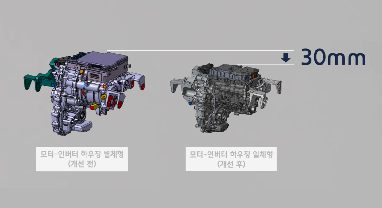 왼쪽부터 모터-인버터 하우징 별체형(개선 전), 모터-인버터 하우징 일체형(개선 후) 비교, 높이가 30mm 줄어든 모습