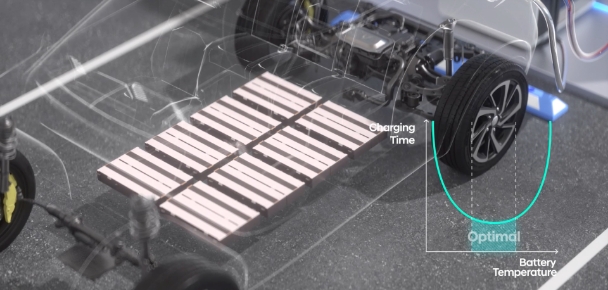 전기차의 배터리가 적정 온도를 유지할 때 충전이 잘되는 사실을 보여주는 이미지의 모습