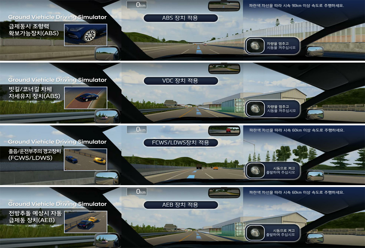 가상 운전 시뮬레이터의 안전기술 체험 모드를 정리한 사진