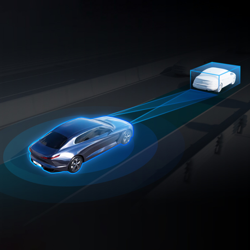 자율주행 시스템이 작동 중인 모빌리티의 가상 그래픽