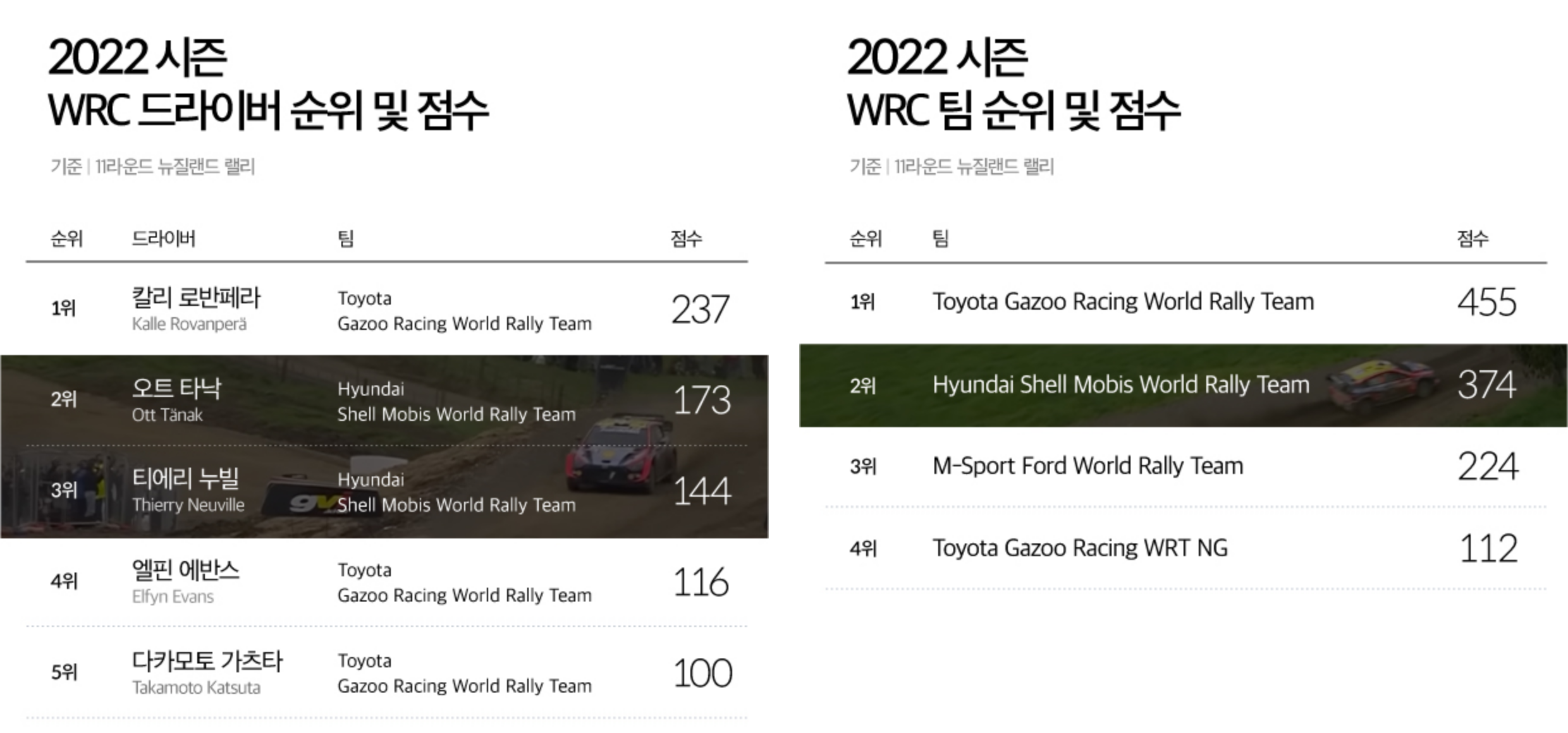 뉴질랜드 랠리가 끝난 후 시즌 드라이버, 팀 포인트 순위를 보여주는 표