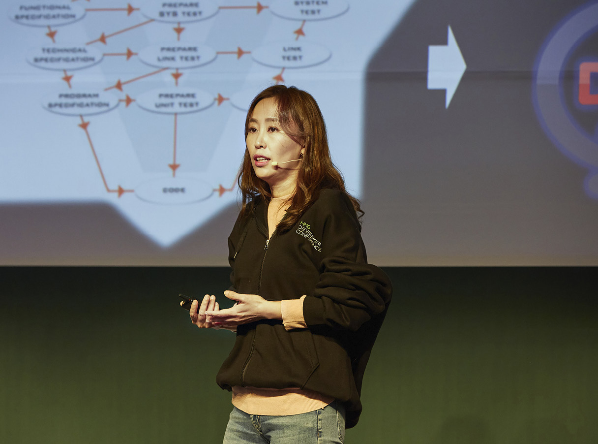 김정은 파트장이 HMG 개발자 컨퍼런스 오프라인 이벤트에서 발표하고 있다