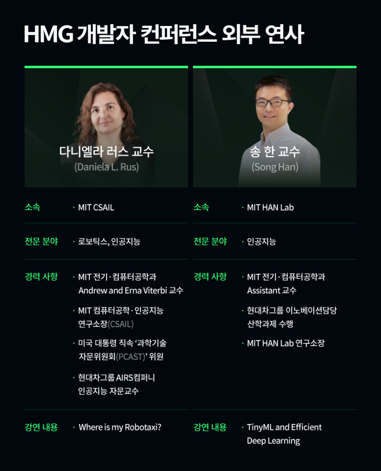 2021 HMG 개발자 컨퍼런스 외부 연사를 소개하는 표