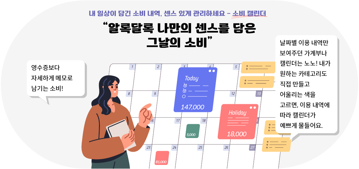 현대카드 현카연구소 '소비 캘린더'를 표현한 일러스트로 가계부 달력 화면을 배경으로 갈색 셔츠를 입은 여자와 캘린더 기능이 설명되어 있다.