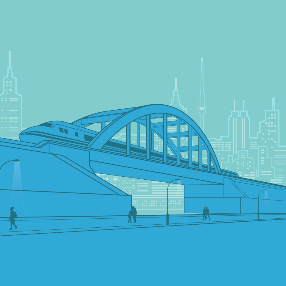 도시의 마천루를 배경으로 철도가 양옆으로 달리고 있는 파란색 라인 일러스트