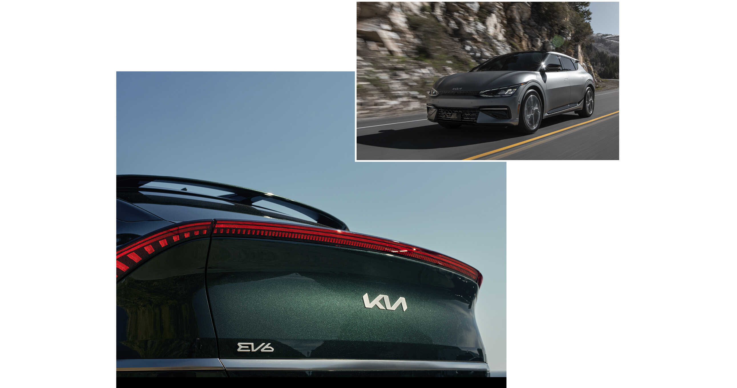 EV6가 미국 산길을 주행하는 모습과 트렁크 리드를 비춘 모습