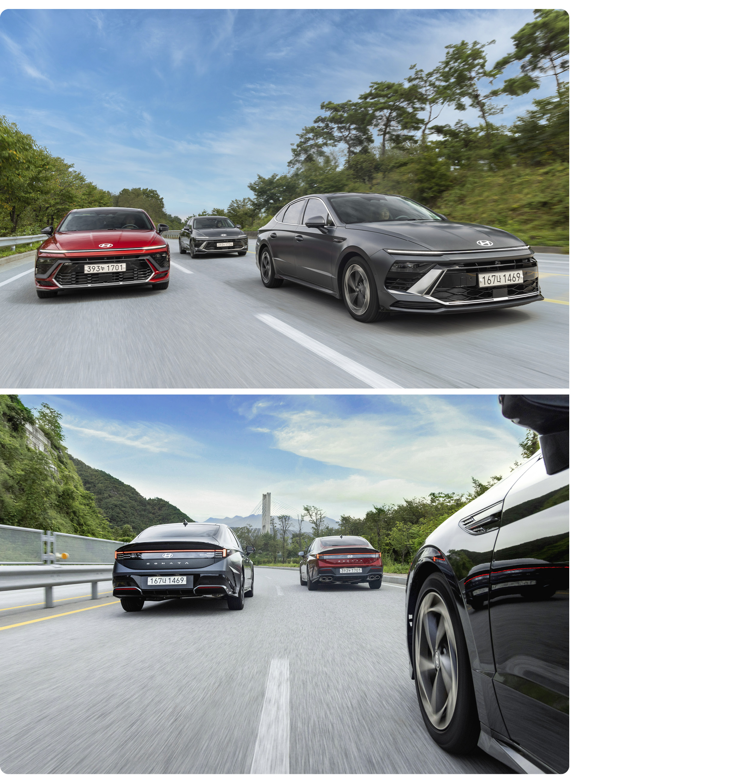 Front/rear view of three Sonatas driving on a forest road