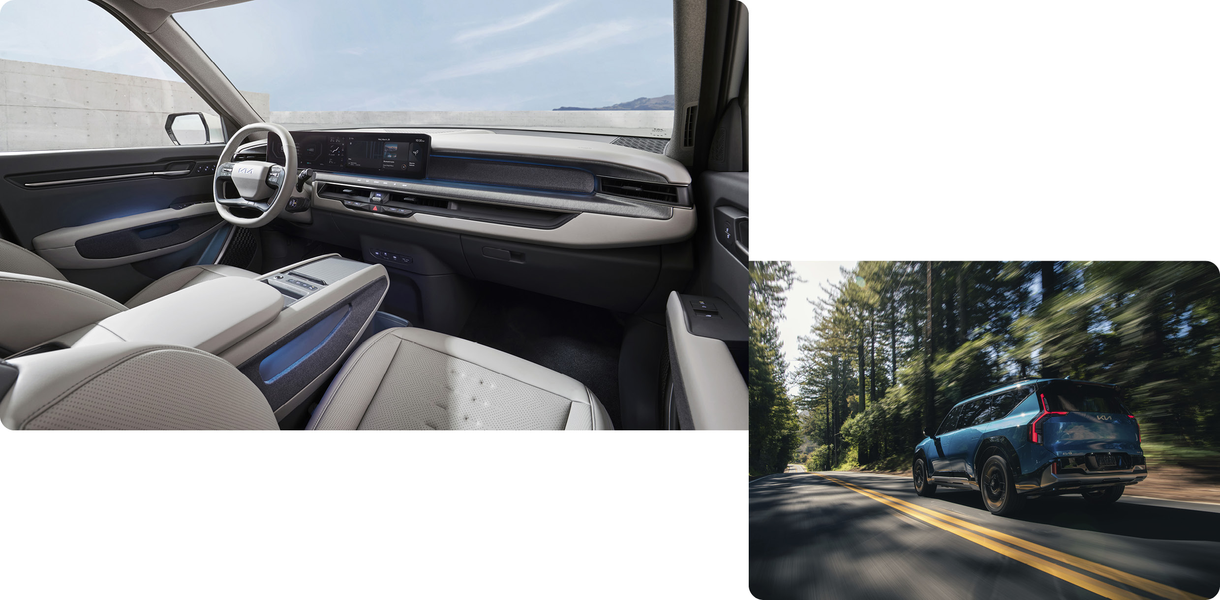 EV9 대시보드를 사선에서 비춘 모습과 미국 숲길을 주행하는 후측면 모습