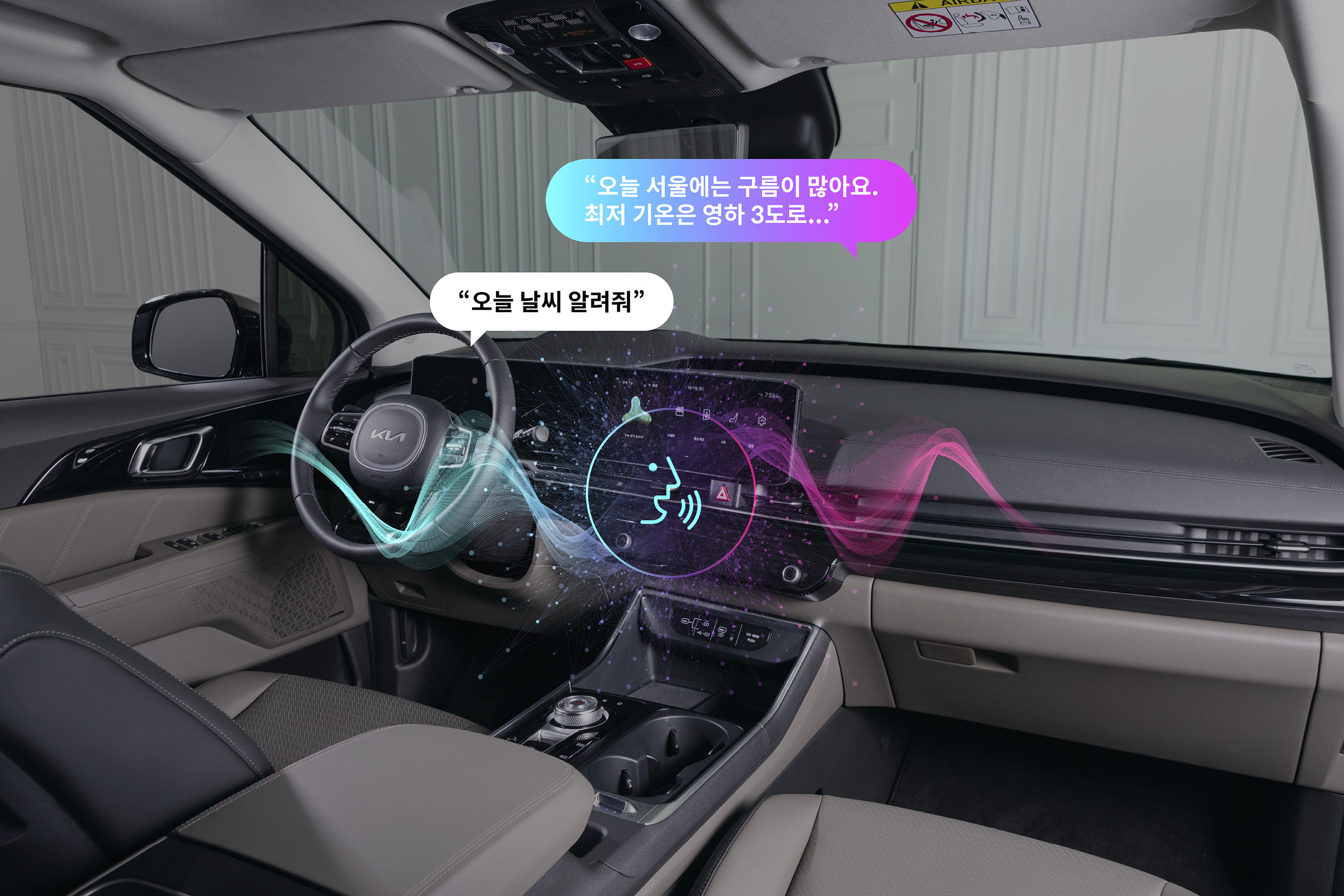 자동차 1열 공간에 음성인식 작동 상황을 강조한 모습