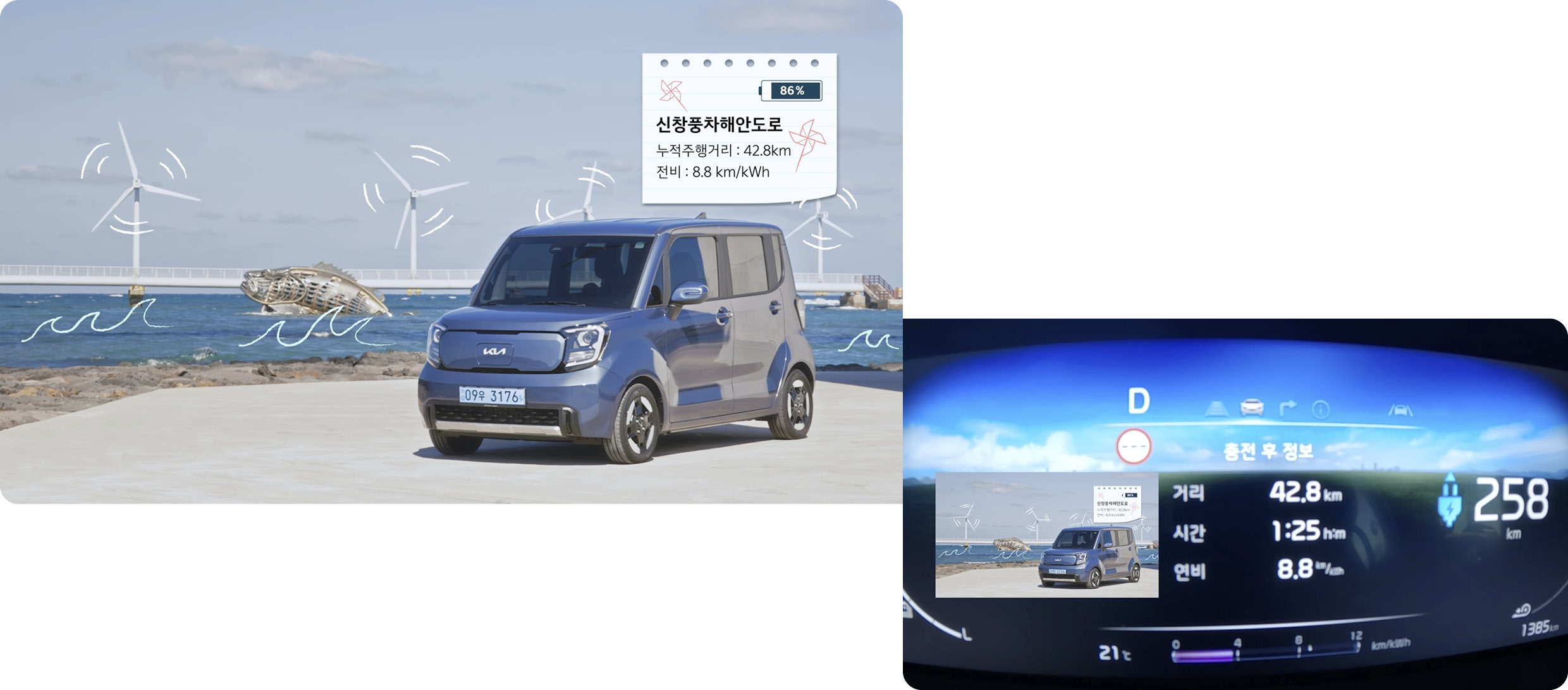 신창풍차해안도로에 도착한 기아 레이 EV의 모습