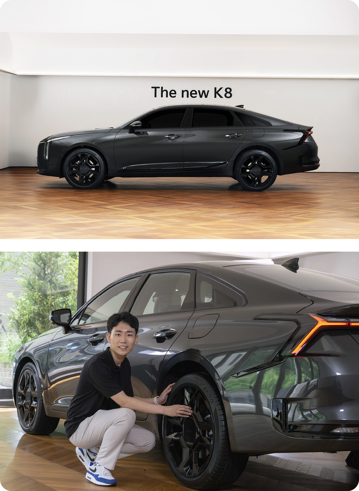 실내에 세워진 자동차 정측면 모습 및 자동차 옆에 앉은 남성의 모습