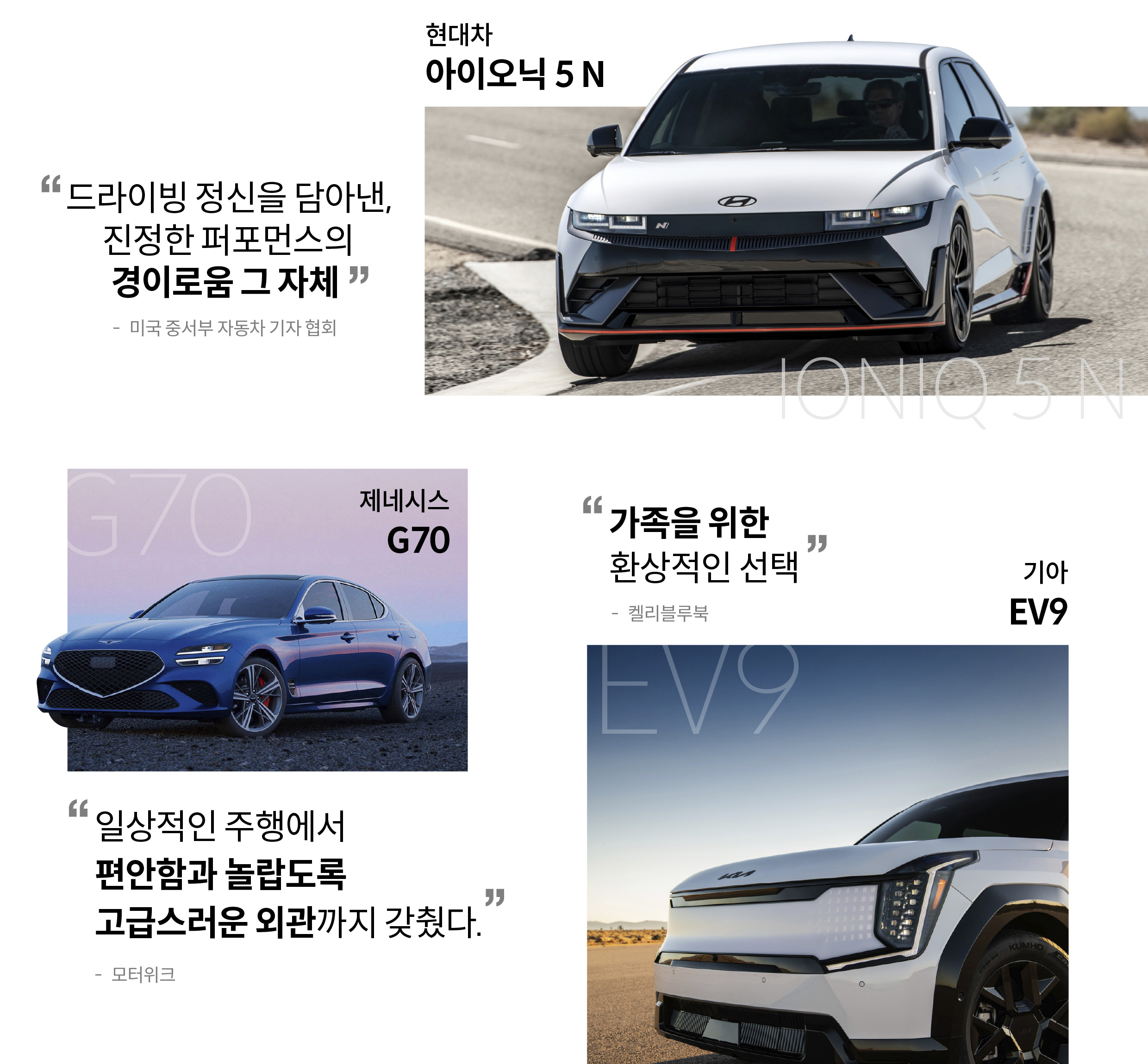 현대차그룹 수상 차종, 현대차 아이오닉 5 N, 제네시스 G70, 기아 EV9